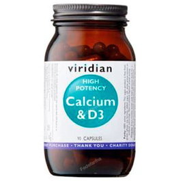 Viridian Calcio-D3 Alta Potencia Suplemento Vitamina D3 y Calcio 90 Cápsulas Veganas