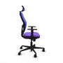 Silla de oficina Jorquera con mecanismo Sincro tapizada con Tela color Lila y malla color Azul. Equipada con lumbar 1D, Brazos 1D, Cabecero 2D y Ruedas 65mm nailon