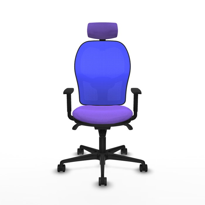 Silla de oficina Jorquera con mecanismo Sincro tapizada con Tela color Lila y malla color Azul. Equipada con lumbar 1D, Brazos 1D, Cabecero 2D y Ruedas 65mm nailon