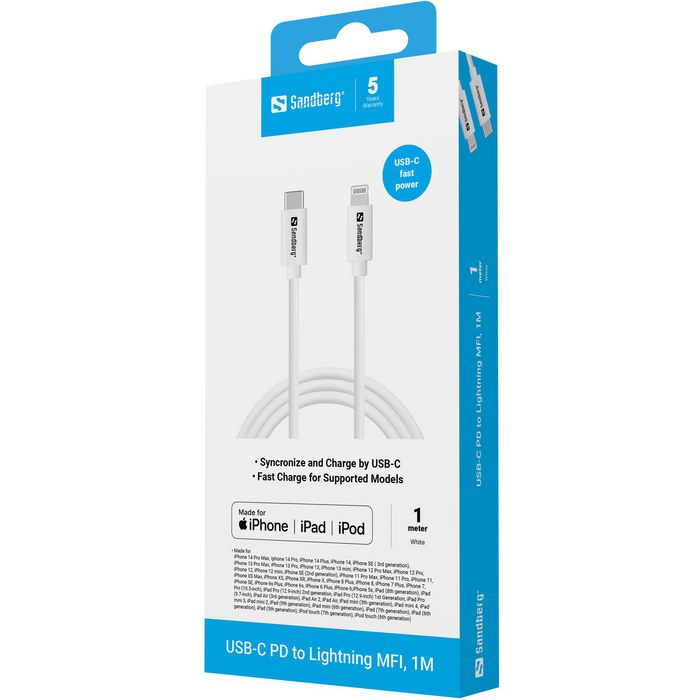 Sandberg Cable USB-C a Lightning MFi de 1 metro para carga rápida y sincronización de iPhone y iPad