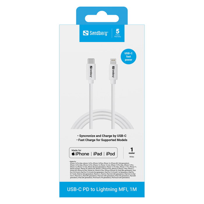 SANDBERG Cable USB-C a Lightning MFi 100 m Blanco SANDBERG Cable USB-C a Lightning MFi 100 m Blanco