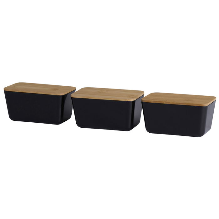 Day Juego de 3 Cajas de Plástico con Tapa de Bambú Negras 13x8x6 cm