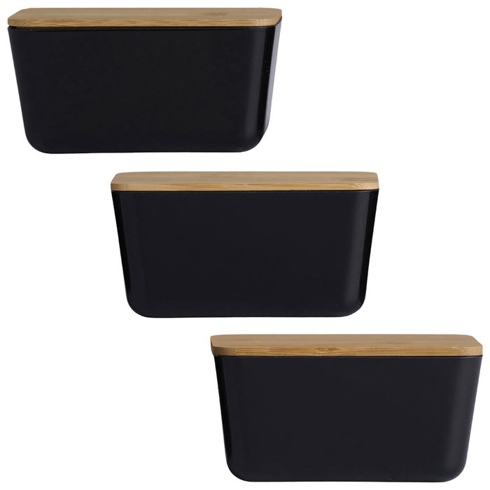 Day Juego de 3 Cajas de Plástico con Tapa de Bambú Negras 13x8x6 cm