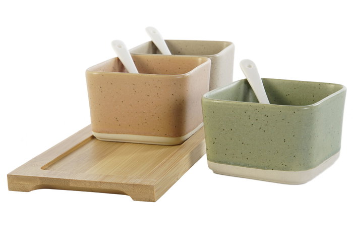 DKD Home Decor Set de 7 piezas de aperitivo en porcelana y bambú Multicolor