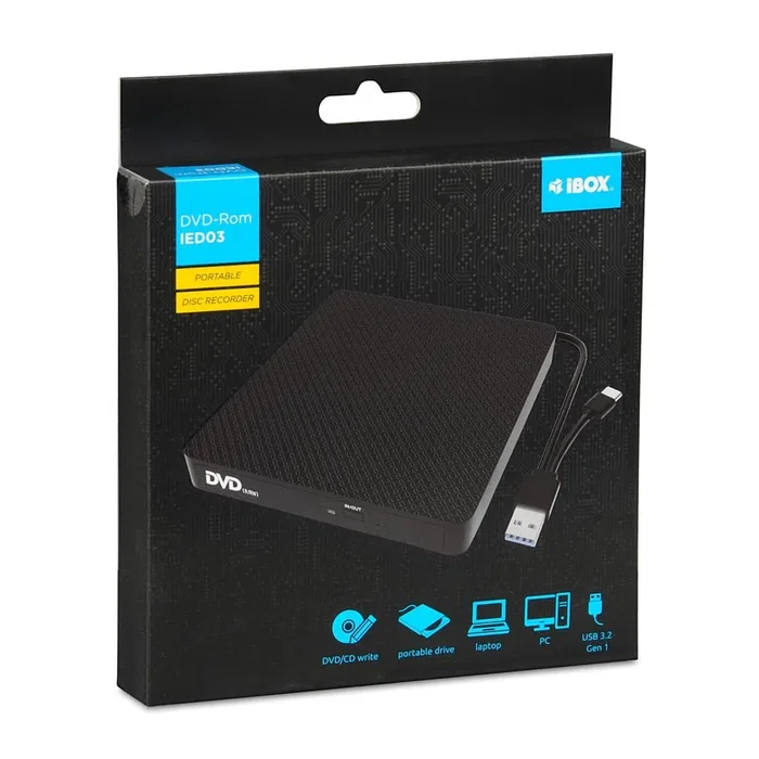 iBox IED03 Unidad de Disco Óptico Externa DVD±RW Negro - Bandeja, USB 3.2 Gen 1, Compatible con Sobremesa y Portátil, Graba y Lee CD/DVD
