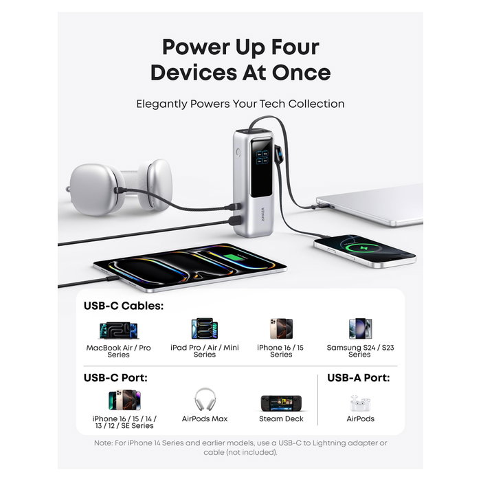 Anker Power Bank 25000 mAh 165W 3x USB-C 100W 1x USB-A Smart Display Cables Integrados Plata Anker Power Bank 25000 mAh 165W 3x USB-C 100W 1x USB-A Smart Display Cables Integrados Plata