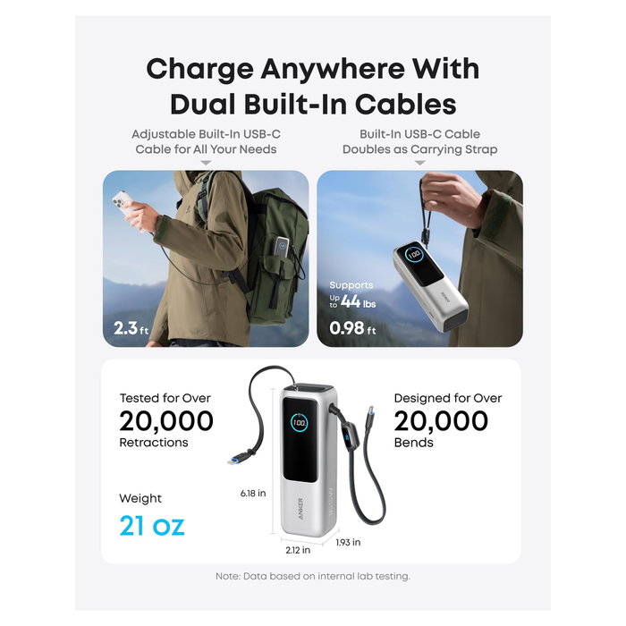 Anker Power Bank 25000 mAh 165W 3x USB-C 100W 1x USB-A Smart Display Cables Integrados Plata Anker Power Bank 25000 mAh 165W 3x USB-C 100W 1x USB-A Smart Display Cables Integrados Plata