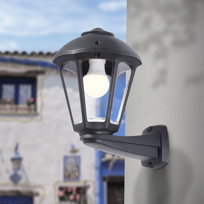 Fumagalli Farol de Pared con Brazo Modelo Nardo/Giampy, Negro, IP55, Casquillo E27 (max. 23W), Cristal Transparente, 210x270x315 mm