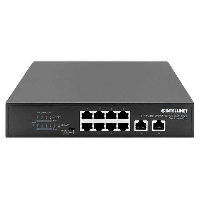 Intellinet 561402 Switch Gigabit Ethernet PoE+ de 8 puertos con 2 puertos de enlace ascendente RJ45 Gigabit