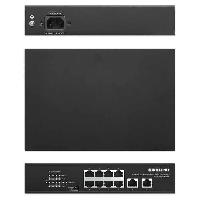 Intellinet 561402 Switch Gigabit Ethernet PoE+ de 8 puertos con 2 puertos de enlace ascendente RJ45 Gigabit