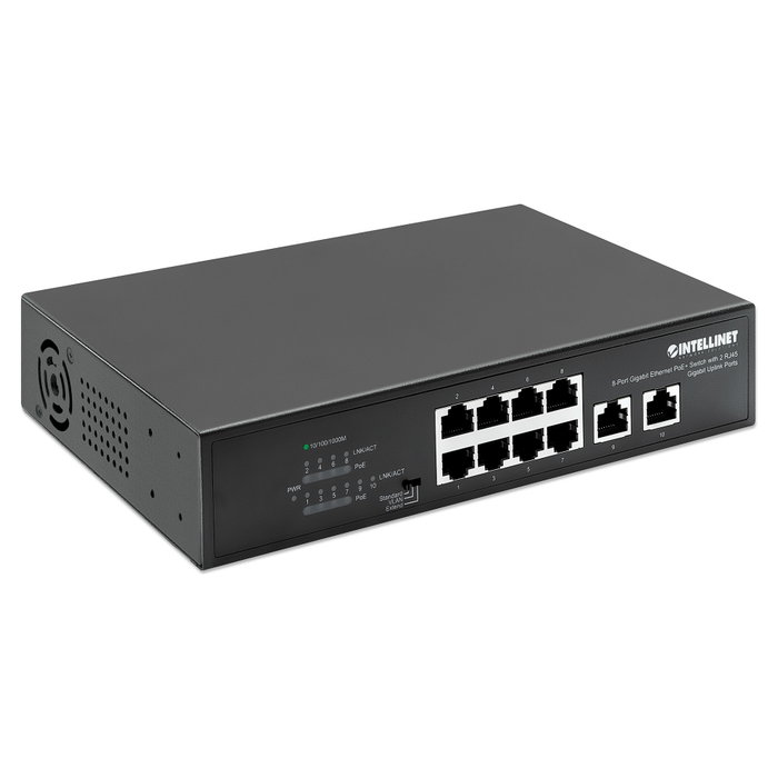 Intellinet 561402 Switch Gigabit Ethernet PoE+ de 8 puertos con 2 puertos de enlace ascendente RJ45 Gigabit