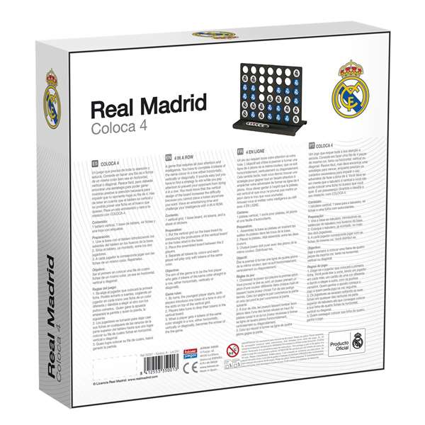 Falomir Juego Conecta 4 Real Madrid - Juego de Mesa Estratégico para 2 Jugadores, Edad 3 a 6 Años, en Español, Incluye Fichas Rojas y Blancas