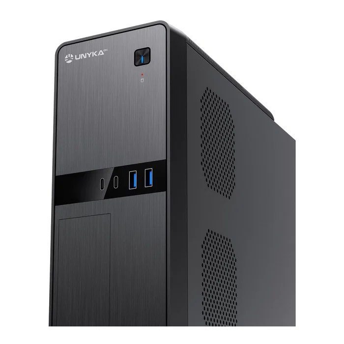 UNYKA Caja de Sobremesa UK2011 Micro-ATX/Mini-ITX Negra con Fuente SFX 450W Incluida - 2x USB 3.0, 2x USB Type-C, 4 Bahías, Soporte Vertical - Referencia 52112