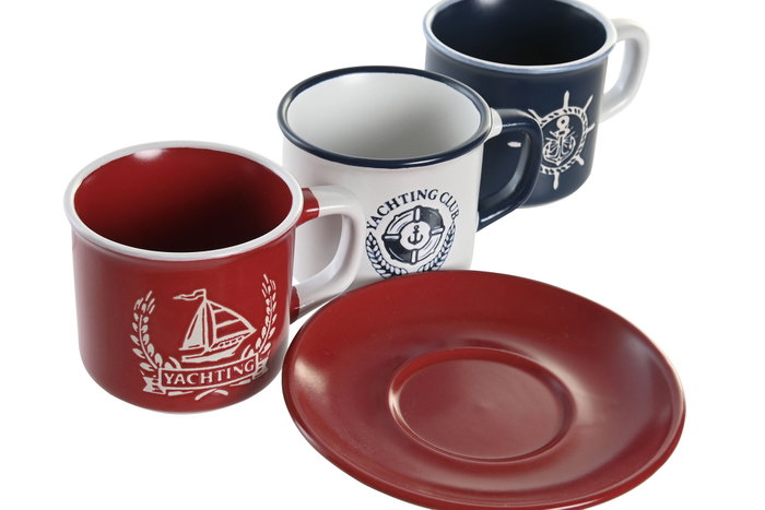 DKD Home Decor Tazas de Gres Azul Blanco 12.5 x 2 x 12.5 cm Set de 6 Piezas Capacidad 150ml Apto Microondas y Lavavajillas