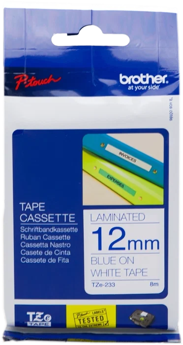 Brother TZe-233 Cinta Laminada 12mm x 8m Azul sobre Blanco Brother TZe-233 Cinta Laminada 12mm x 8m Azul sobre Blanco