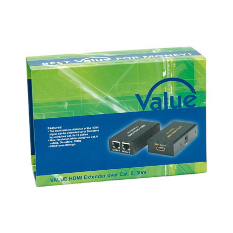 VALUE Extensor HDMI sobre Cable CAT5e RJ45, Transmisor y Receptor, 1080p Full HD, Hasta 30m, 25m Cable Incluido, HDCP 1.3