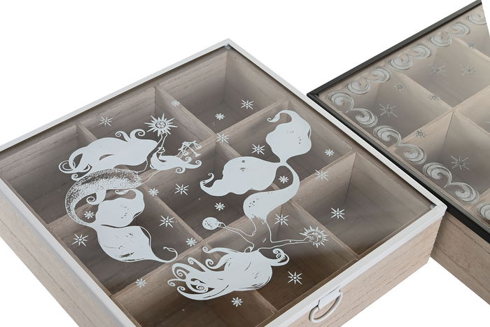 DKD Home Decor Caja Infusiones Atlantico Stella Maris, Azul Blanco, MDF, Cristal, Metal, 24 x 6.5 x 24 cm