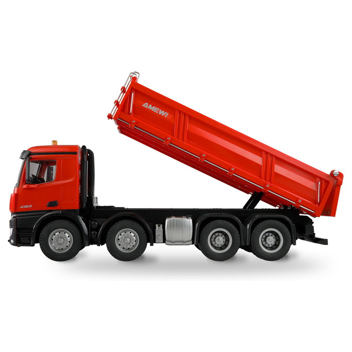 AMEWI Mercedes-Benz Arocs Muldenkipper 8x4/4 4WD RTR 1:18 - Camión Basculante Eléctrico Radio Control Escala Grande, Color Rojo, Ref. 22693