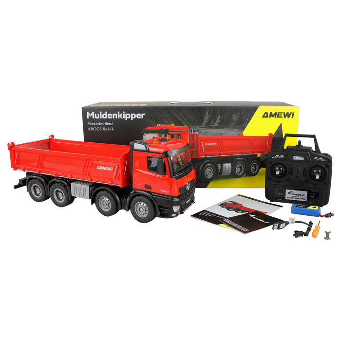 AMEWI Mercedes-Benz Arocs Muldenkipper 8x4/4 4WD RTR 1:18 - Camión Basculante Eléctrico Radio Control Escala Grande, Color Rojo, Ref. 22693