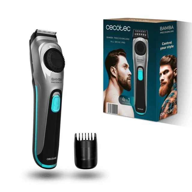 Cecotec Bamba PrecisionCare AllDrive Pro, Recortador de Barba con Dial de Precisión 19 Ajustes (1-10 mm), Cuchillas Titanio, Función NonStop, Recargable, Color Negro y Plata