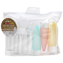 Jet Lag Kit de Viaje Neceser con 11 Piezas, Incluye Botes, Frasco con Vaporizador, Cuentagotas, Medidas 20.5x4 cm, Ideal para Equipaje de Cabina