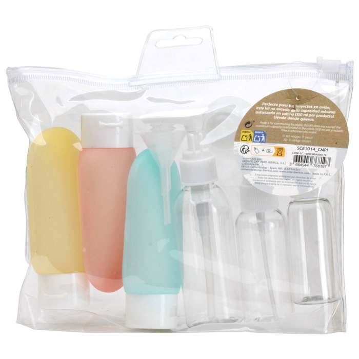 Jet Lag Kit de Viaje Neceser con 11 Piezas, Incluye Botes, Frasco con Vaporizador, Cuentagotas, Medidas 20.5x4 cm, Ideal para Equipaje de Cabina