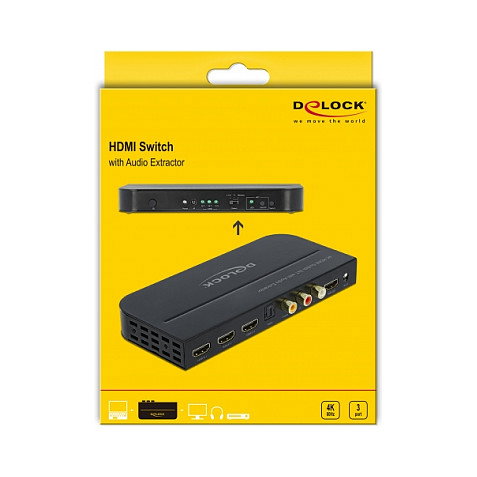 DeLOCK Conmutador HDMI 3 x Entrada a 1 x Salida 4K 60 Hz con Extractor de Audio, Negro, Metal