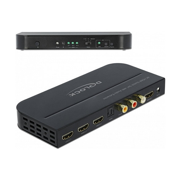 DeLOCK Conmutador HDMI 3 x Entrada a 1 x Salida 4K 60 Hz con Extractor de Audio, Negro, Metal