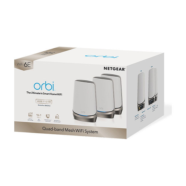 NETGEAR Orbi RBKE963 AXE11000 Quad-Band WiFi 6E Mesh System (Pack de 3 Nodos), 16 Puertos LAN, Procesador 4 Núcleos 2.2 GHz, Compatible con Alexa y Google Assistant NETGEAR Orbi RBKE963 AXE11000 Quad-Band WiFi 6E Mesh System (Pack de 3 Nodos), 16 Puertos LAN, Procesador 4 Núcleos 2.2 GHz, Compatible con Alexa y Google Assistant