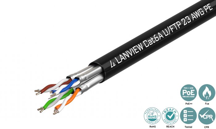 Lanview Cable Cat6a U-FTP 4x2xAWG23 PE negro para exteriores de 500m