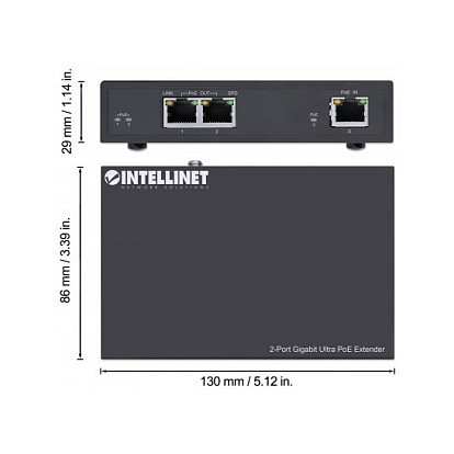 Intellinet Prolongador PoE Gigabit 2 Puertos, Extensión PoE hasta 100 m, 60 W Presupuesto PoE, Compatible IEEE 802.3bt/at/af, Carcasa Metálica, Garantía 3 Años