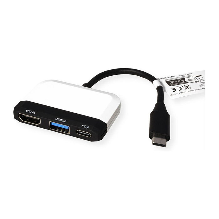 VALUE Adaptador Display USB-C a HDMI - USB 3.2 Gen1 Type-C PD y Type-A, Resolución 4K 3840x2160 a 60Hz, Color Negro y Blanco, Ref. 12.99.3199