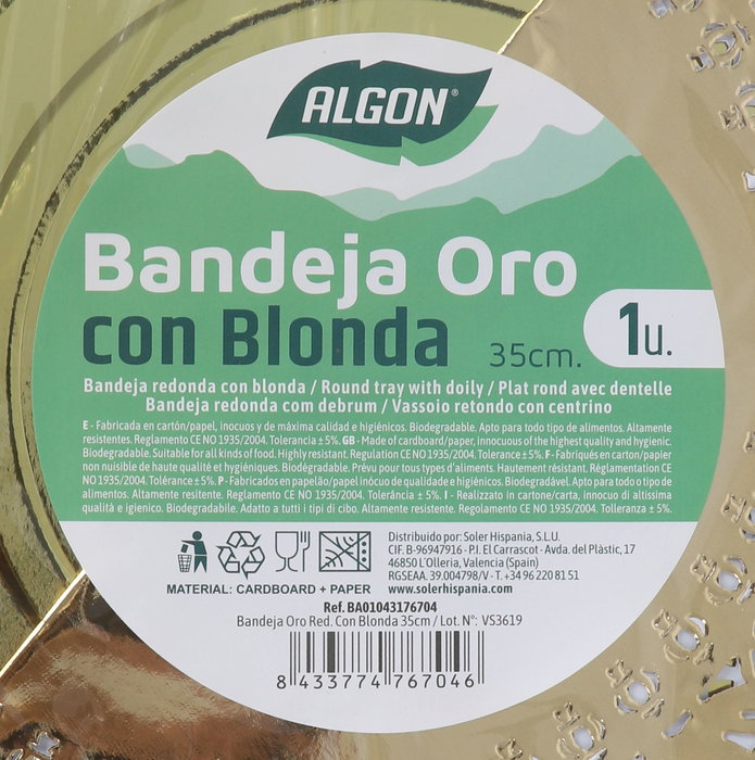 Algon Bandeja Redonda Oro con Blonda 35 cm (30 Unidades)