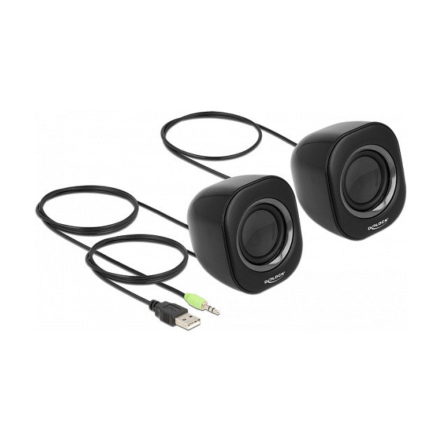 DeLOCK Altavoces Estéreo Mini para PC, 2.0 Canales, 2W, Conexión 3.5 mm y USB, Plug & Play, Negro/Gris