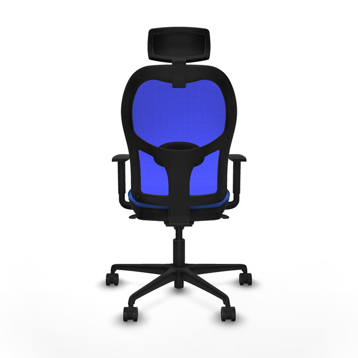 Silla de oficina Jorquera con mecanismo Sincro tapizada con Tela color Azul. Equipada con lumbar 1D, Brazos 1D, Cabecero 2D y Ruedas 65mm nailon