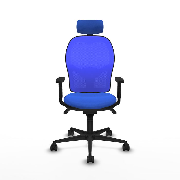 Silla de oficina Jorquera con mecanismo Sincro tapizada con Tela color Azul. Equipada con lumbar 1D, Brazos 1D, Cabecero 2D y Ruedas 65mm nailon