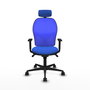 Silla de oficina Jorquera con mecanismo Sincro tapizada con Tela color Azul. Equipada con lumbar 1D, Brazos 1D, Cabecero 2D y Ruedas 65mm nailon