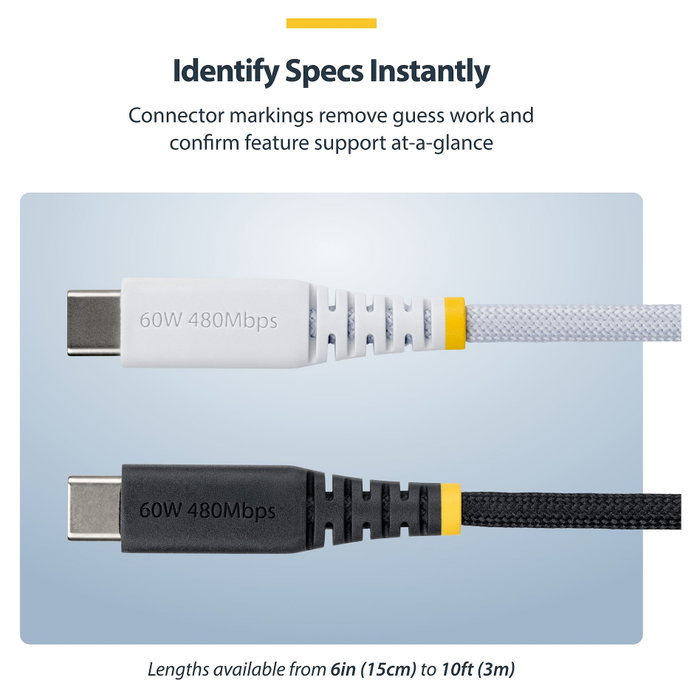 StarTech.com Cable de Carga USB-C Trenzado de 30cm, 60W, Blanco