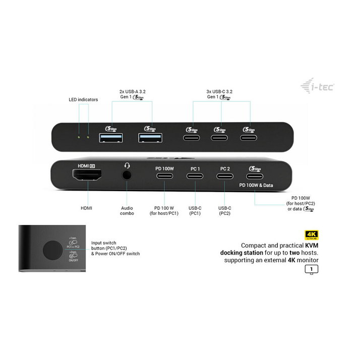 I-Tec KVM Docking Station HDMI para 2 PCs, 2x USB-C PD 100W, USB 3.2, 4K 60Hz