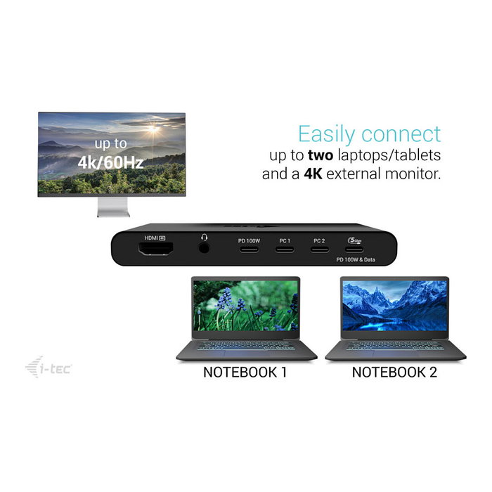 I-Tec KVM Docking Station HDMI para 2 PCs, 2x USB-C PD 100W, USB 3.2, 4K 60Hz