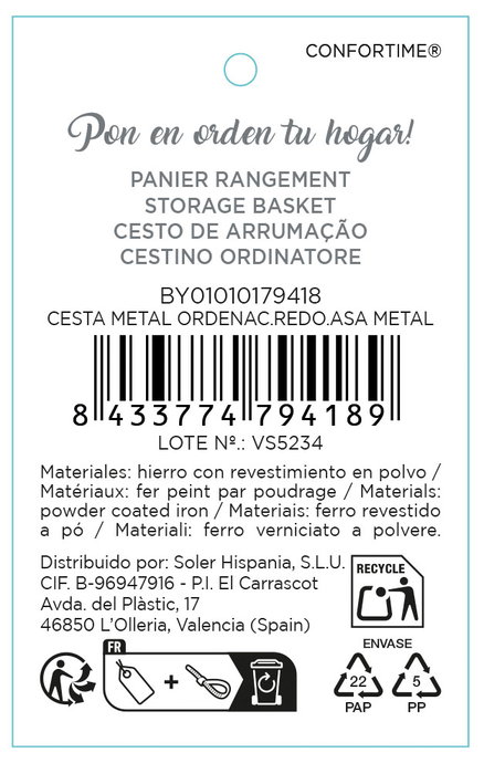 Inde Cesta Metal para Ordenador Redondo con Asa Metal - 27.3 cm Largo x 26.1 cm Ancho x 18.2 cm Alto (6 Unidades)