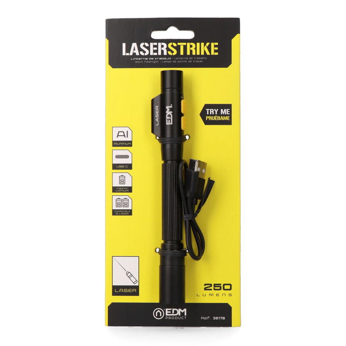 EDM Laser Stiker Linterna Led y Puntero Láser Tipo Pluma Recargable 250 Lm 5W Led Osram P8, Láser Rojo, Batería 750mAh USB-C, Compatible Pilas AAA