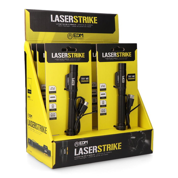 EDM Laser Stiker Linterna Led y Puntero Láser Tipo Pluma Recargable 250 Lm 5W Led Osram P8, Láser Rojo, Batería 750mAh USB-C, Compatible Pilas AAA