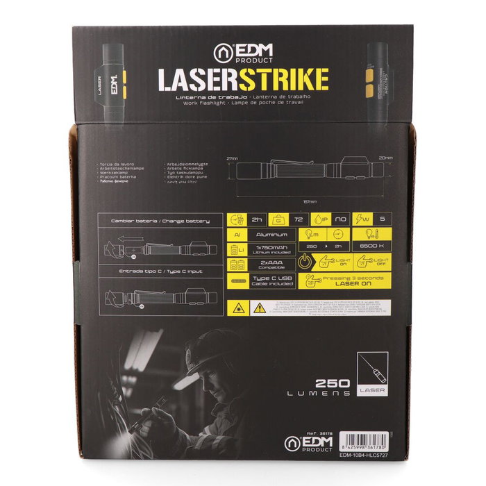 EDM Laser Stiker Linterna Led y Puntero Láser Tipo Pluma Recargable 250 Lm 5W Led Osram P8, Láser Rojo, Batería 750mAh USB-C, Compatible Pilas AAA