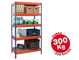 Ar storage Estantería Metálica 192x100x50cm, 5 Estantes, 300kg por Estante, Bandejas Madera, Montaje sin Tornillos, Azul/Naranja
