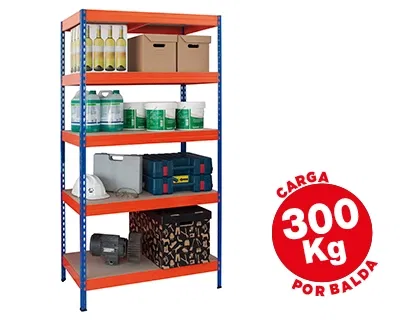 Ar storage Estantería Metálica 192x100x50cm, 5 Estantes, 300kg por Estante, Bandejas Madera, Montaje sin Tornillos, Azul/Naranja