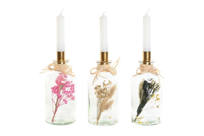 DKD Home Decor Portavelas de Cristal con Flor Seca Surtido DKD Home Decor Portavelas de Cristal con Flor Seca Surtido