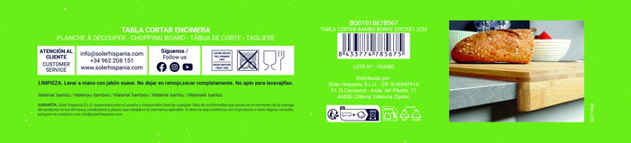 Quttin Tabla Cortar Bambú con Borde 35.4 cm x 25.3 cm x 4.9 cm (8 Unidades)