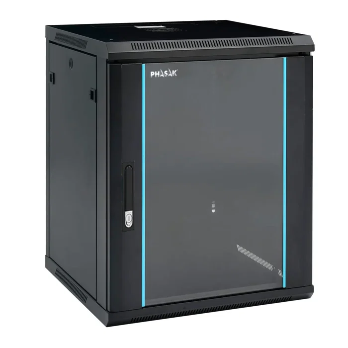 Phasak Armario rack mural 19 pulg 15U 600x600 negro con ventilación y luz azul