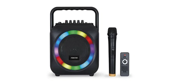 Fonestar BOX-35LED Altavoz Portátil Karaoke con Bluetooth, Micrófono Inalámbrico, Luz LED, 35W, USB/SD, Asa de Transporte